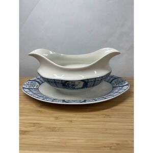 Johnson Bros Mongolia Blue White Gravy Boat w Underplate England Vintage